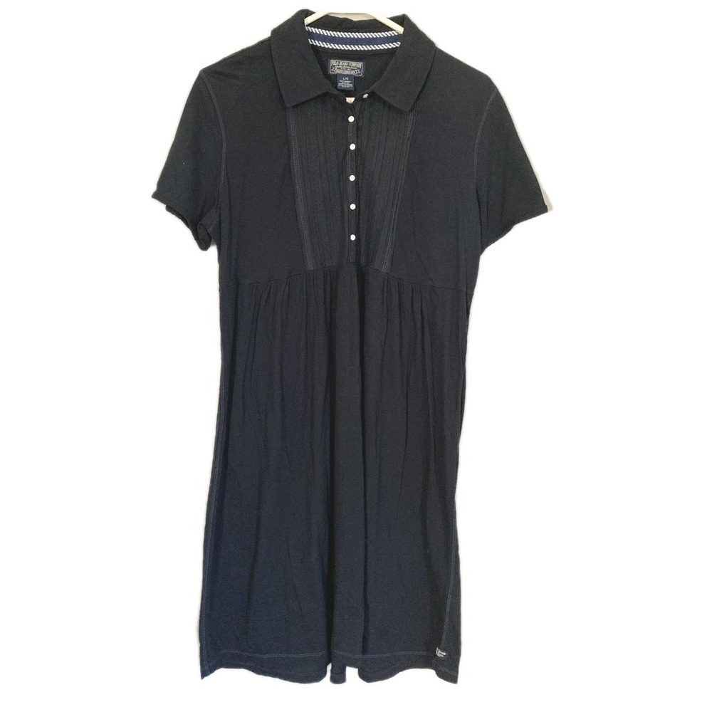 Polo Jeans Ralph Lauren Dress Womens L Navy Polo Shirt Pintuck Cotton 1/2 Button